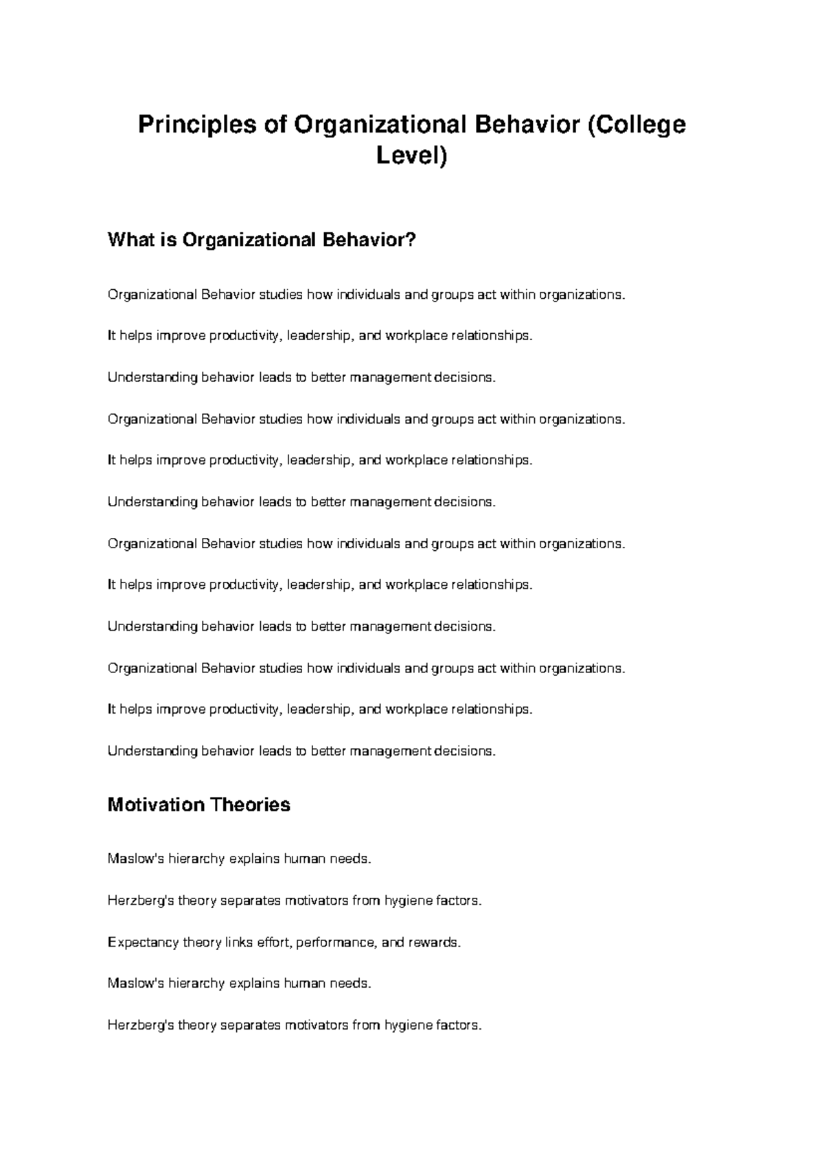 Principles of Organizational Behavior: Key Concepts and Theories - Studocu