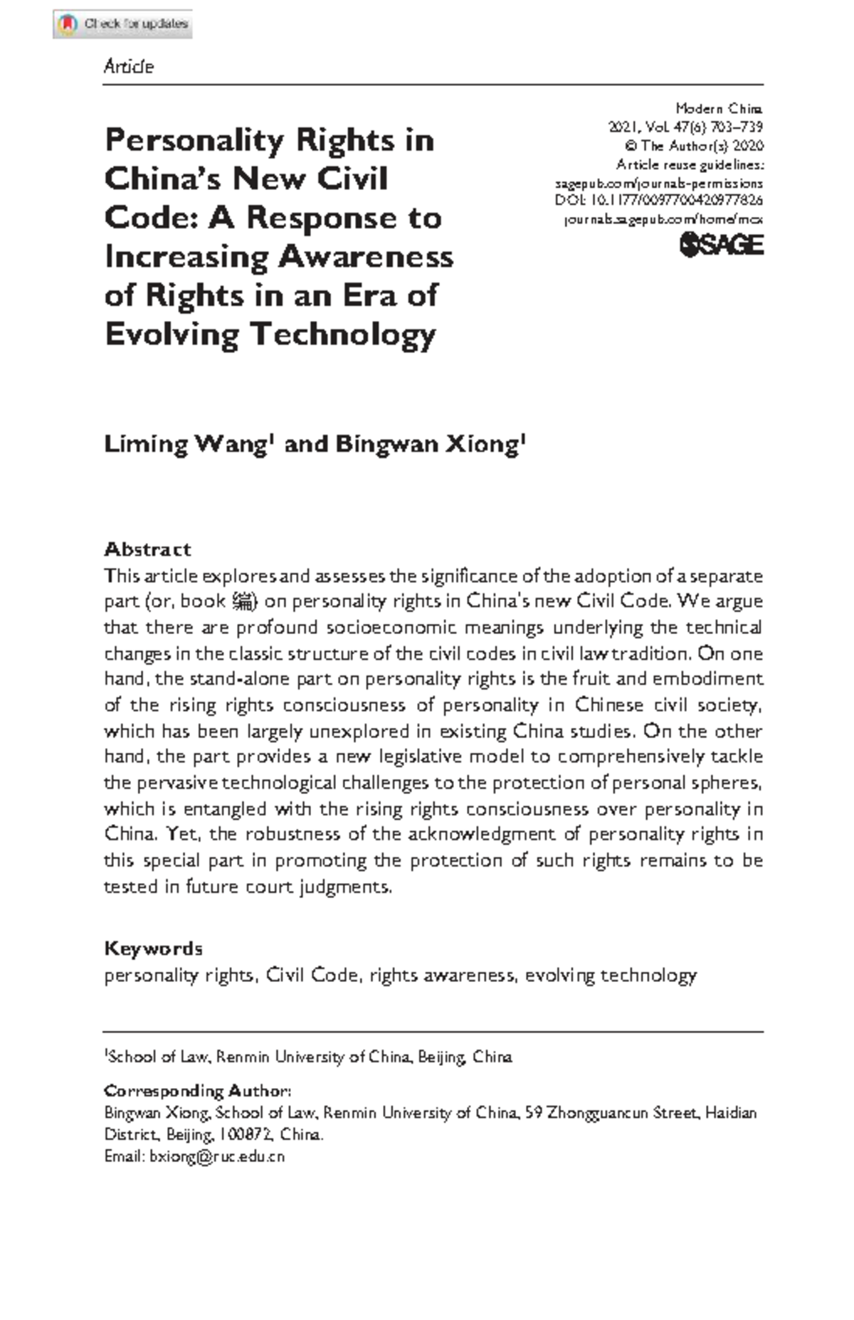 Personality Rights in China's New Civil Code: Addressing Evolving Tech ...