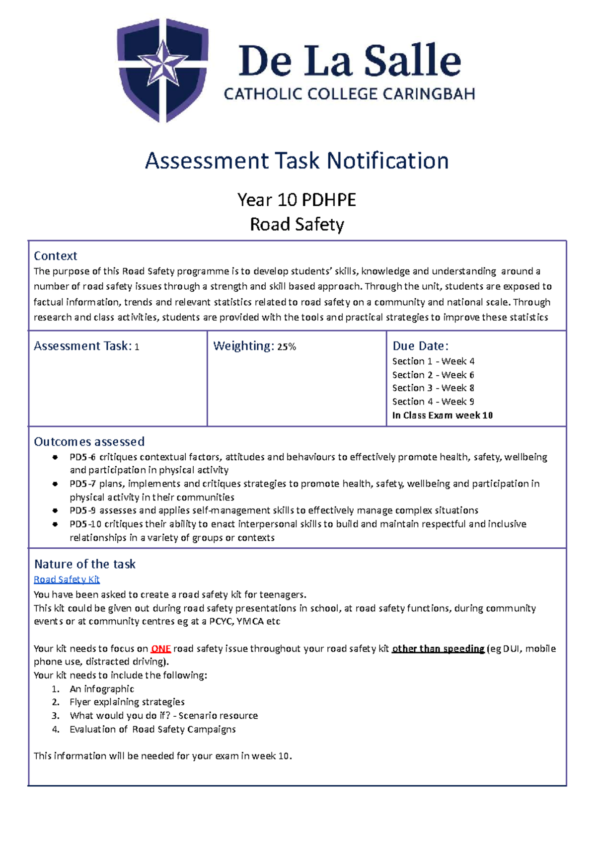 2026 DLS Year 10 PDHPE Road Safety Assessment Task Notification - Studocu