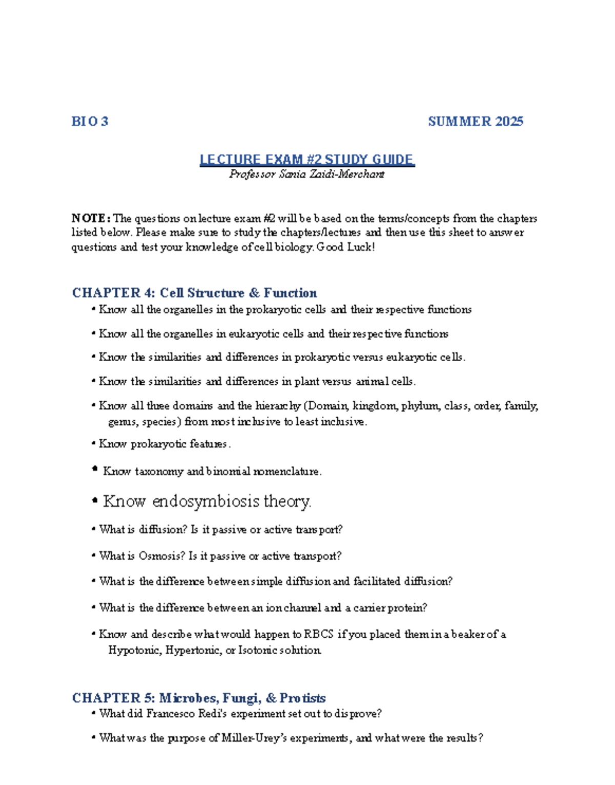 BIO 3 Summer 2025 Lecture Exam #2 Study Guide: Cell Biology Concepts ...