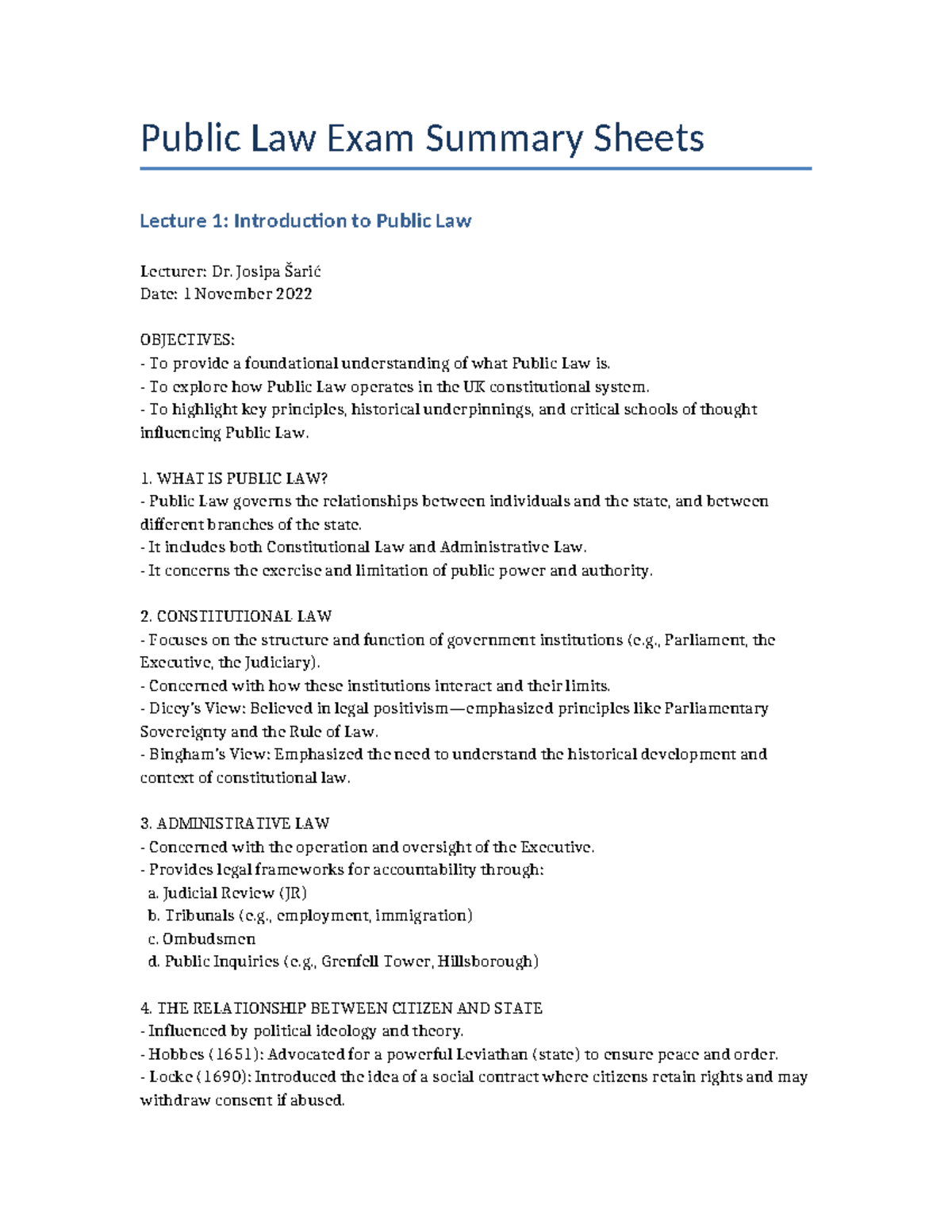 Public Law Exam Summary Sheets: Lecture 1 Overview of Public Law - Studocu