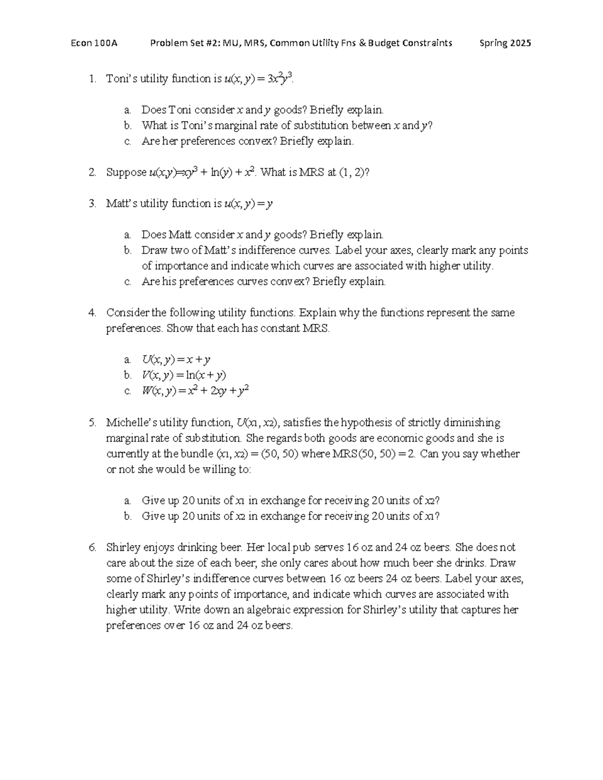 Econ 100A Spring 2025 Problem Set 2: Utility Functions & MRS Analysis ...