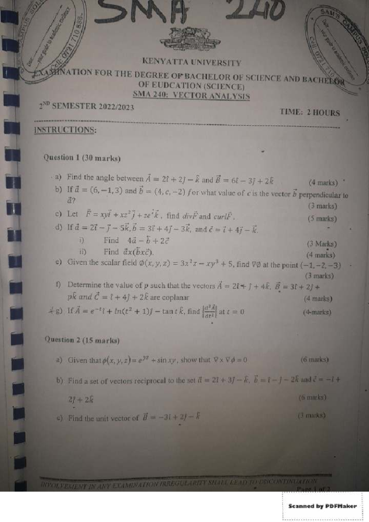 SMA 240: Vector Analysis Revision Papers for 2nd Semester - Studocu