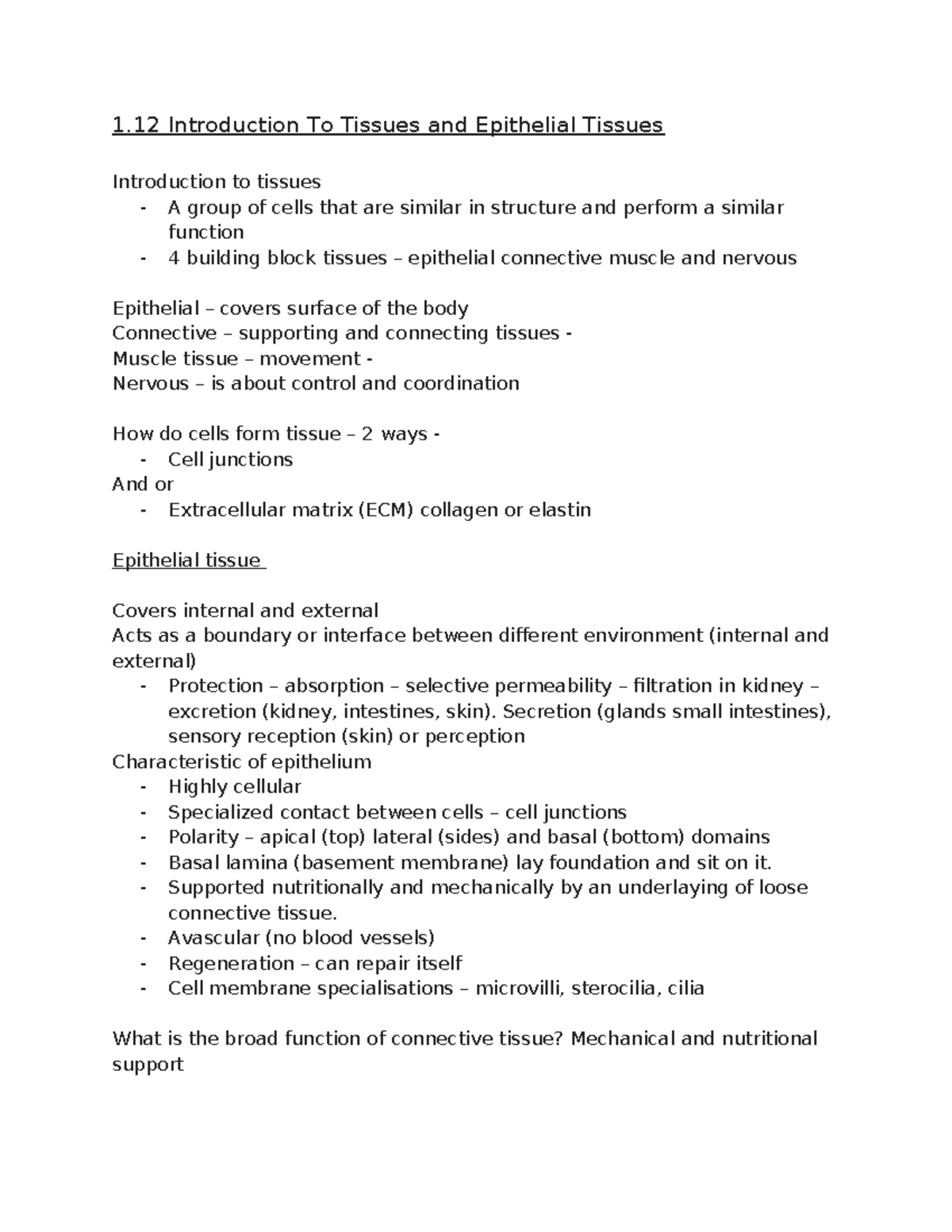 1.12 Introduction to Tissues and Epithelial Tissue Overview - Studocu
