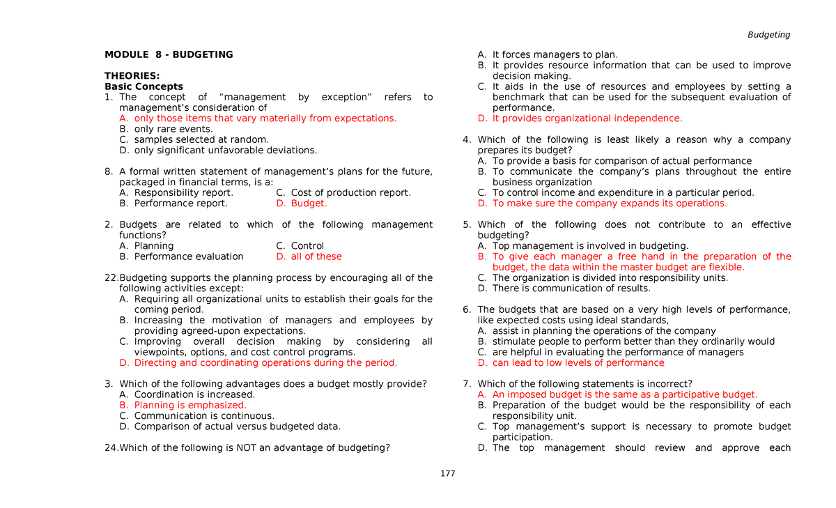 Budgeting module 8: Budgeting theories and basic concepts - Studocu
