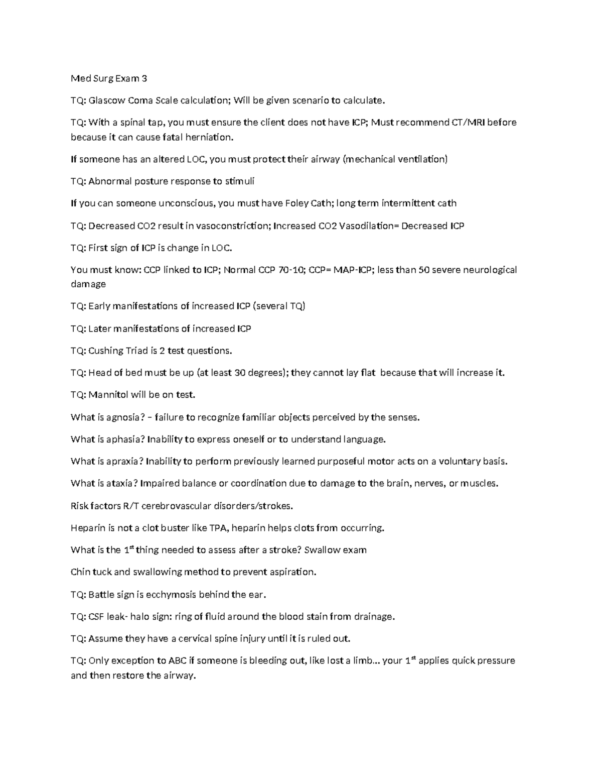 MS Exam 3 Review: Critical Concepts & Test Questions for Med Surg - Studocu