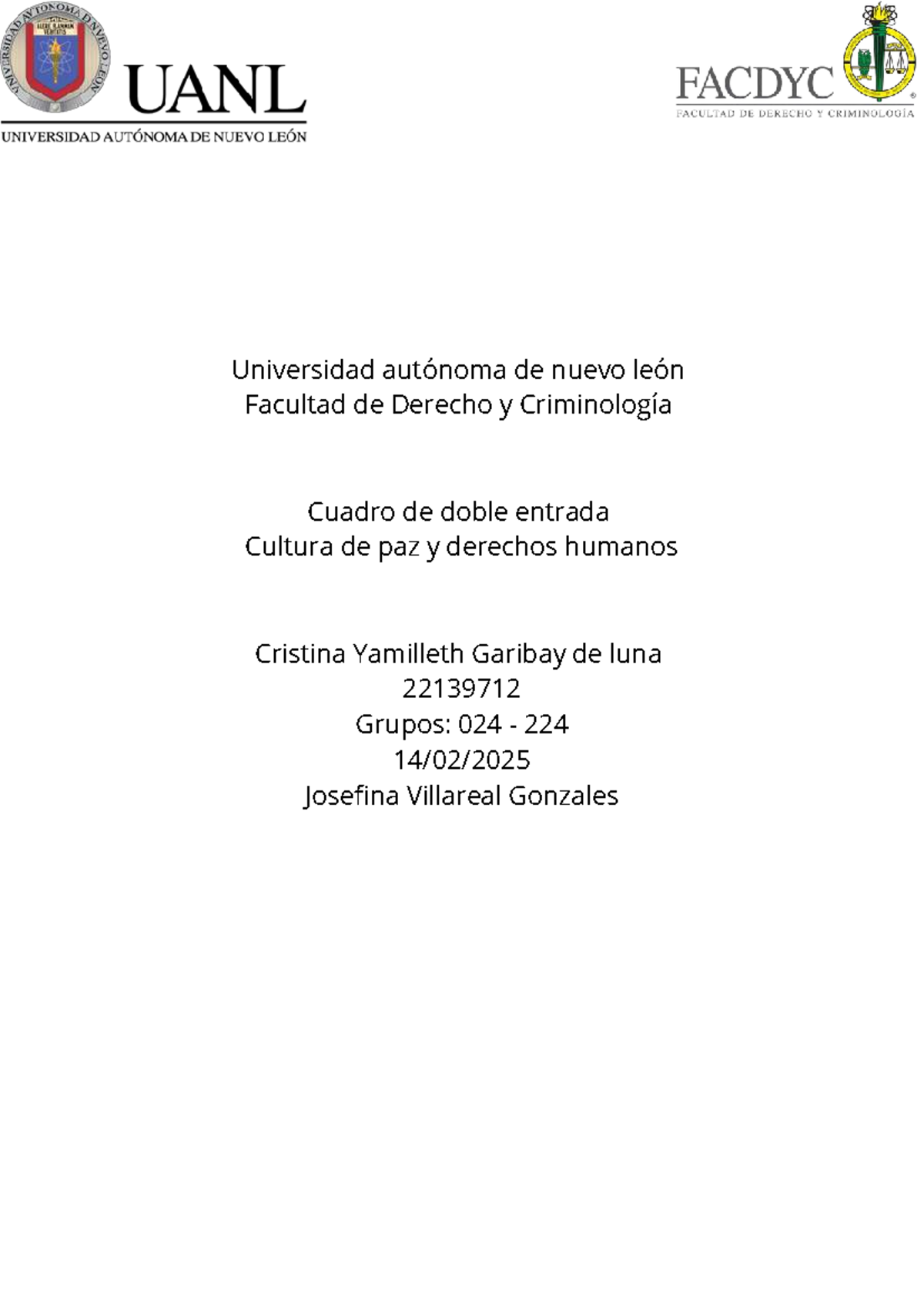 Cuadro de Doble Entrada: Tipos de Paz y Derechos Humanos - UANL - Studocu