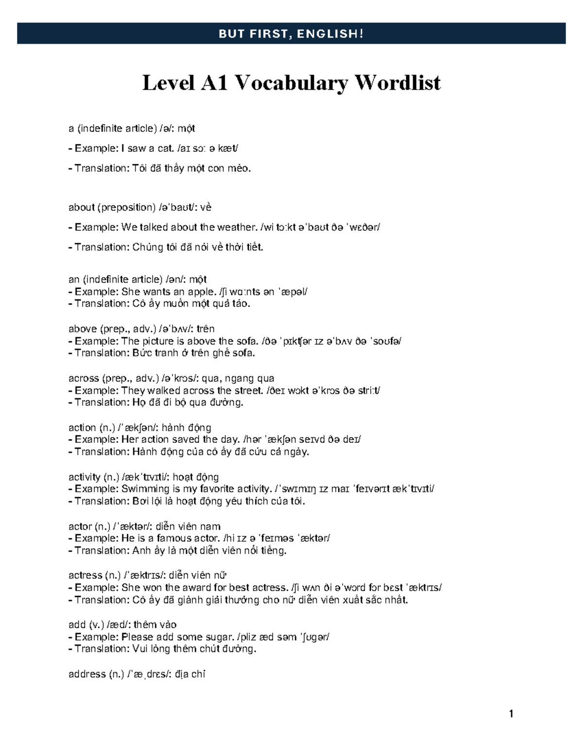 BUT FIRST, ENGLISH! Level A1 Vocabulary Wordlist - Studocu