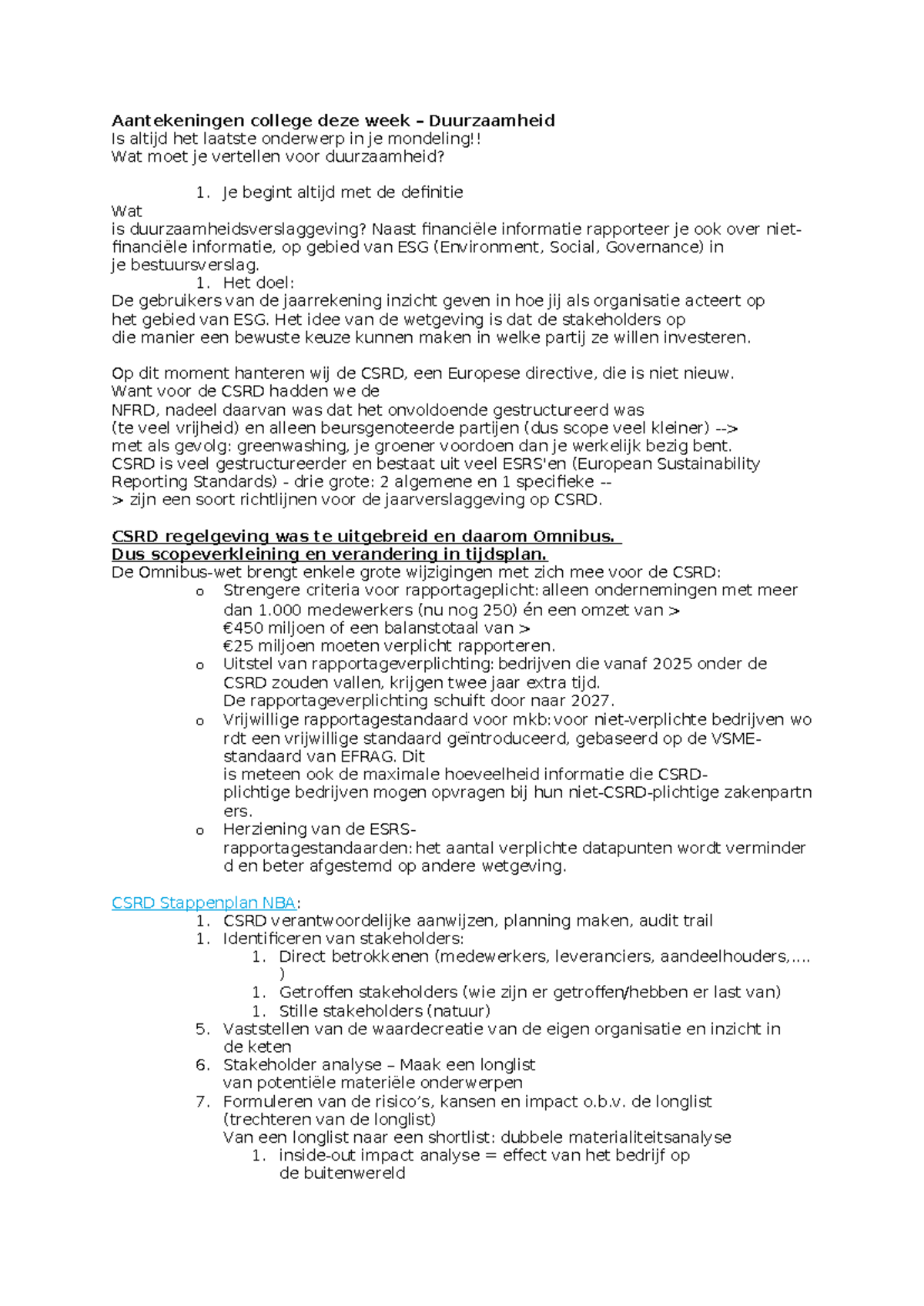 Aantekeningen College Duurzaamheid: CSRD en ESG Rapportage - Studeersnel