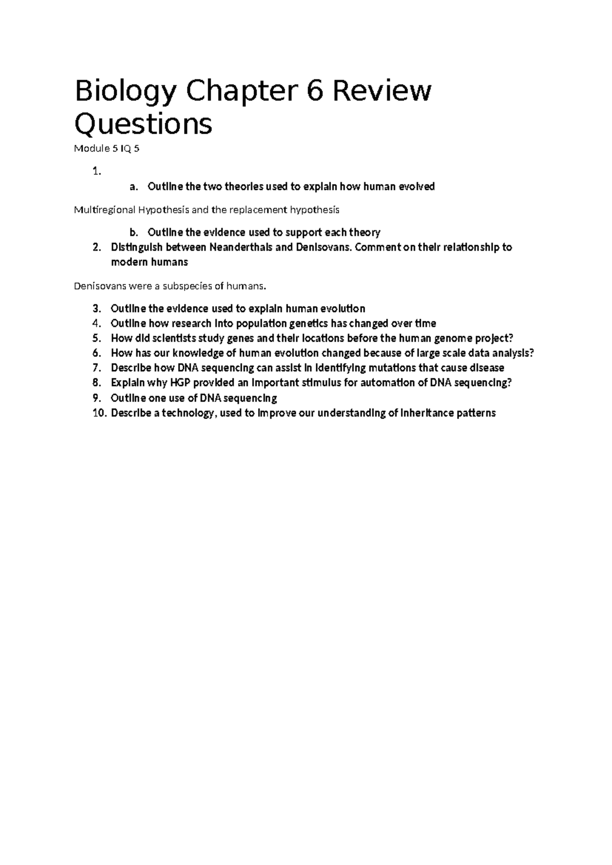 Biology Module 5 Chapter 6 Review Questions on Human Evolution - Studocu
