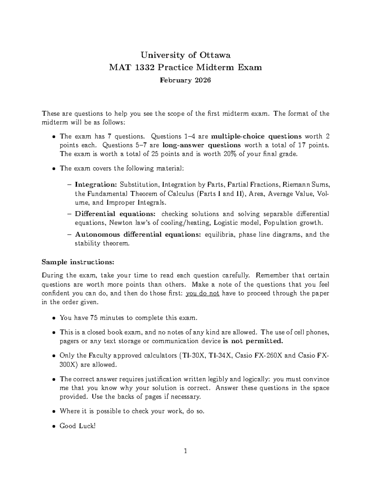 Practice Midterm Exam MAT 1332 - Integration & Differential Equations ...