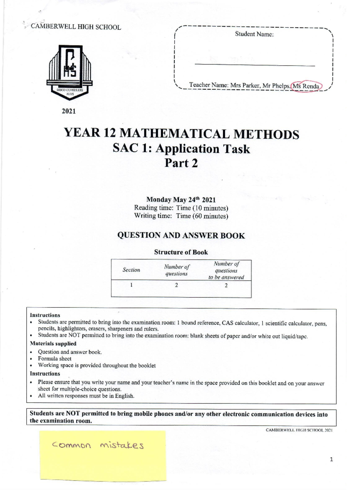 12MM SAC 1 2021 Part 2 Solutions: Mathematical Methods Analysis - Studocu