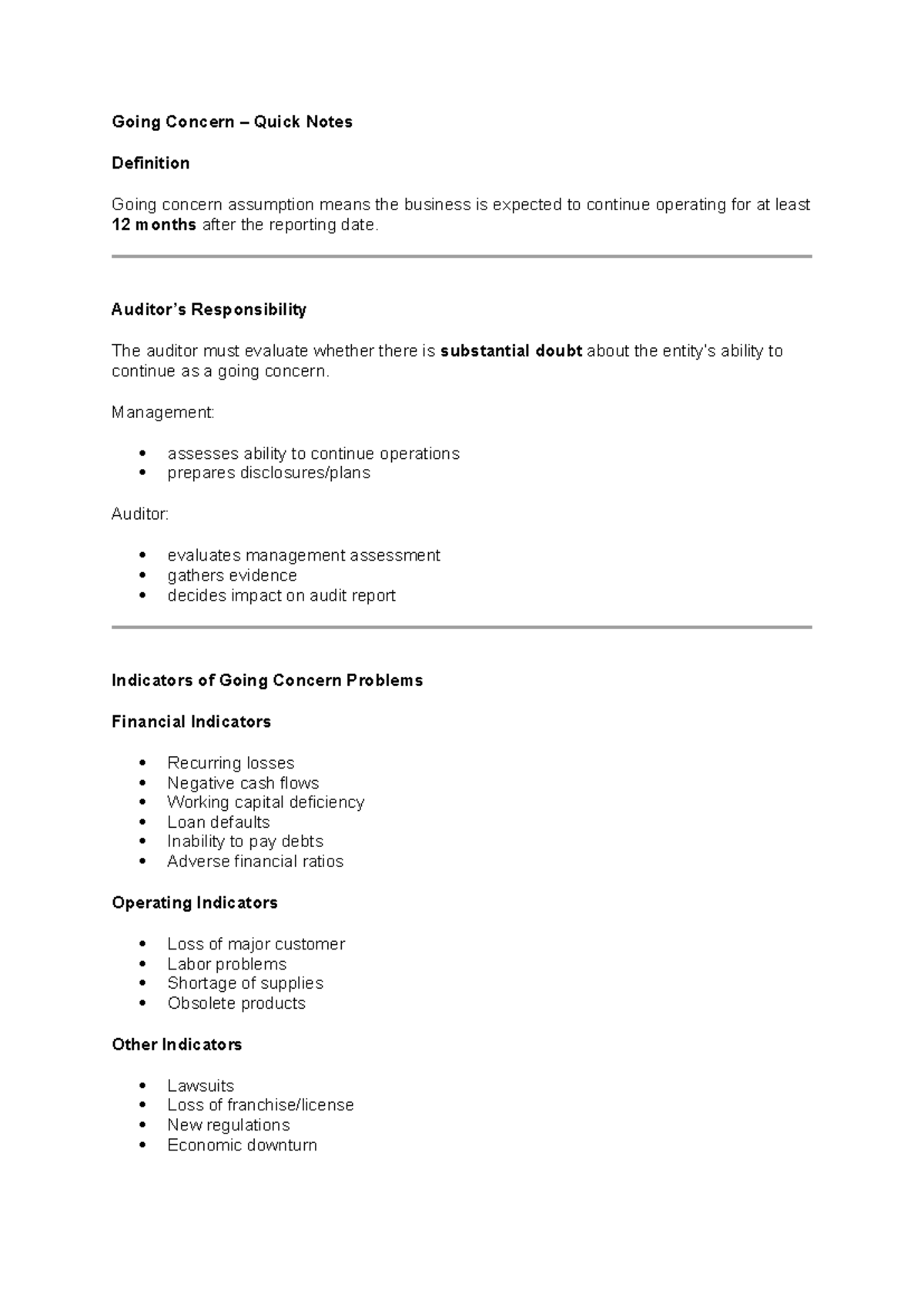 Going Concern – Quick Notes Overview and Audit Implications - Studocu