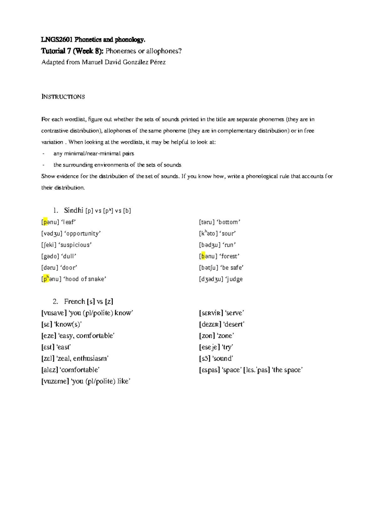 LNGS2601 Phonetics & Phonology: Tutorial 7 Problem Sets Analysis - Studocu