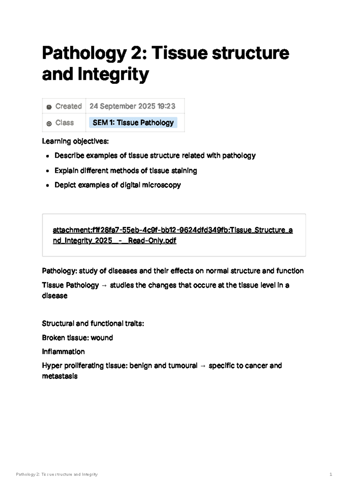 Pathology 2: Tissue Structure & Integrity Overview for SEM 1 - Studocu