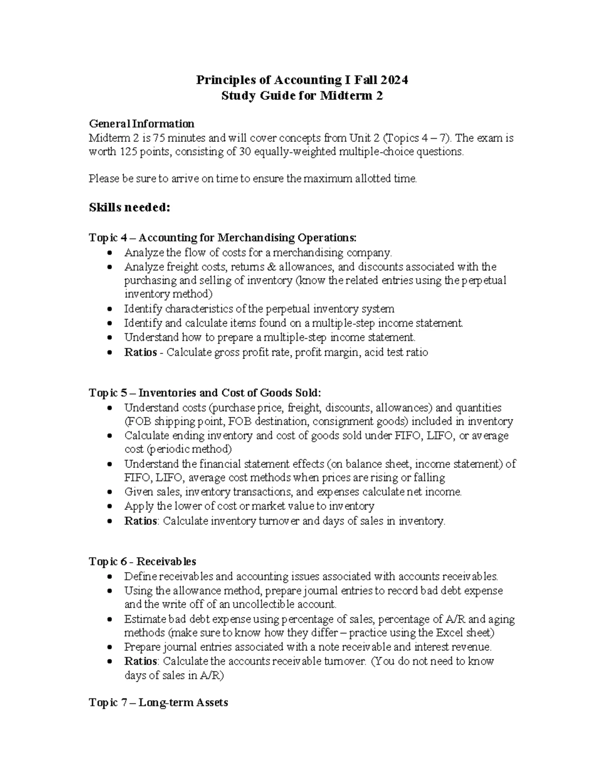 Principles of Accounting I: Study Guide for Final Exam Fall 2024 - Studocu