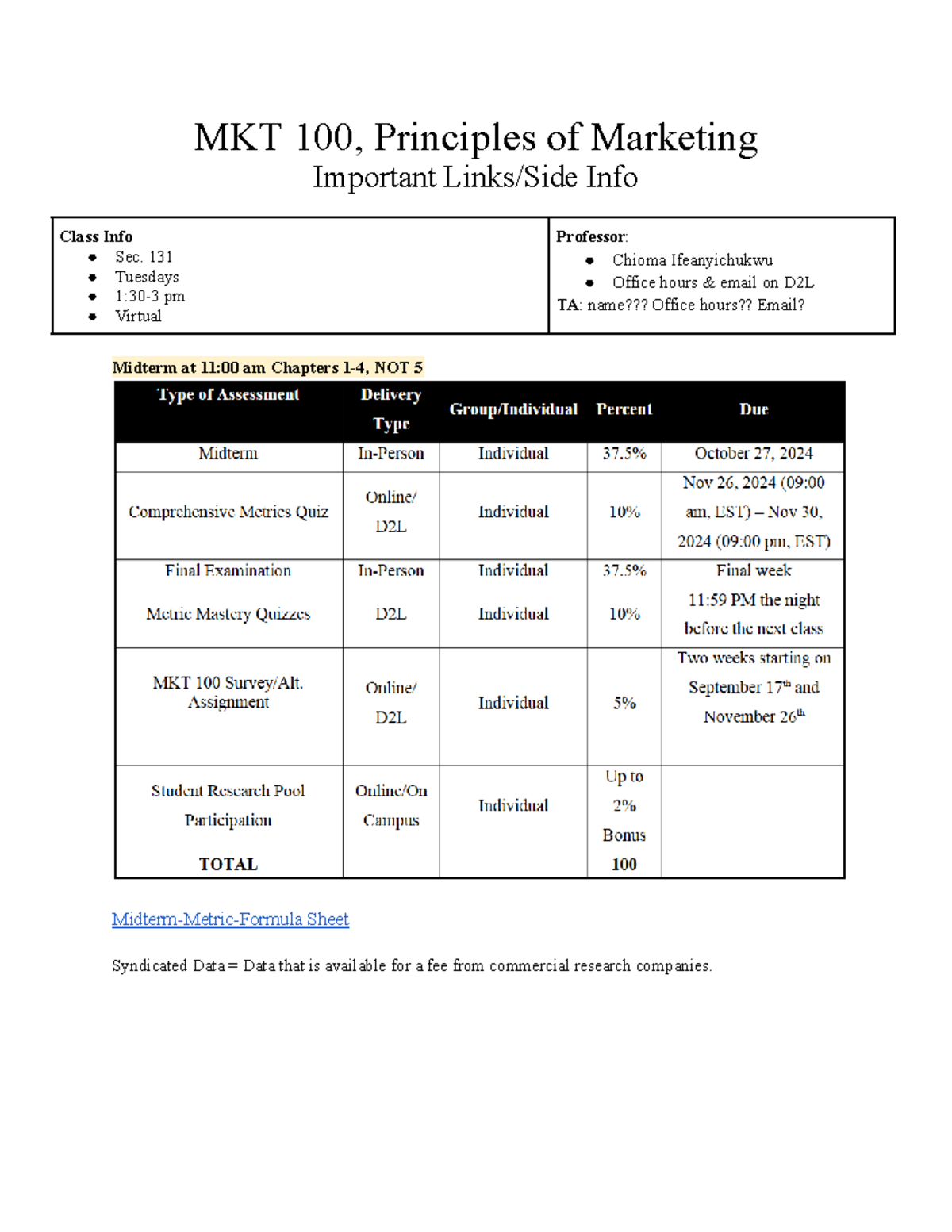 P1 - MKT 100 - Midterm Study Guide - Principles of Marketing - Sec. 131 ...