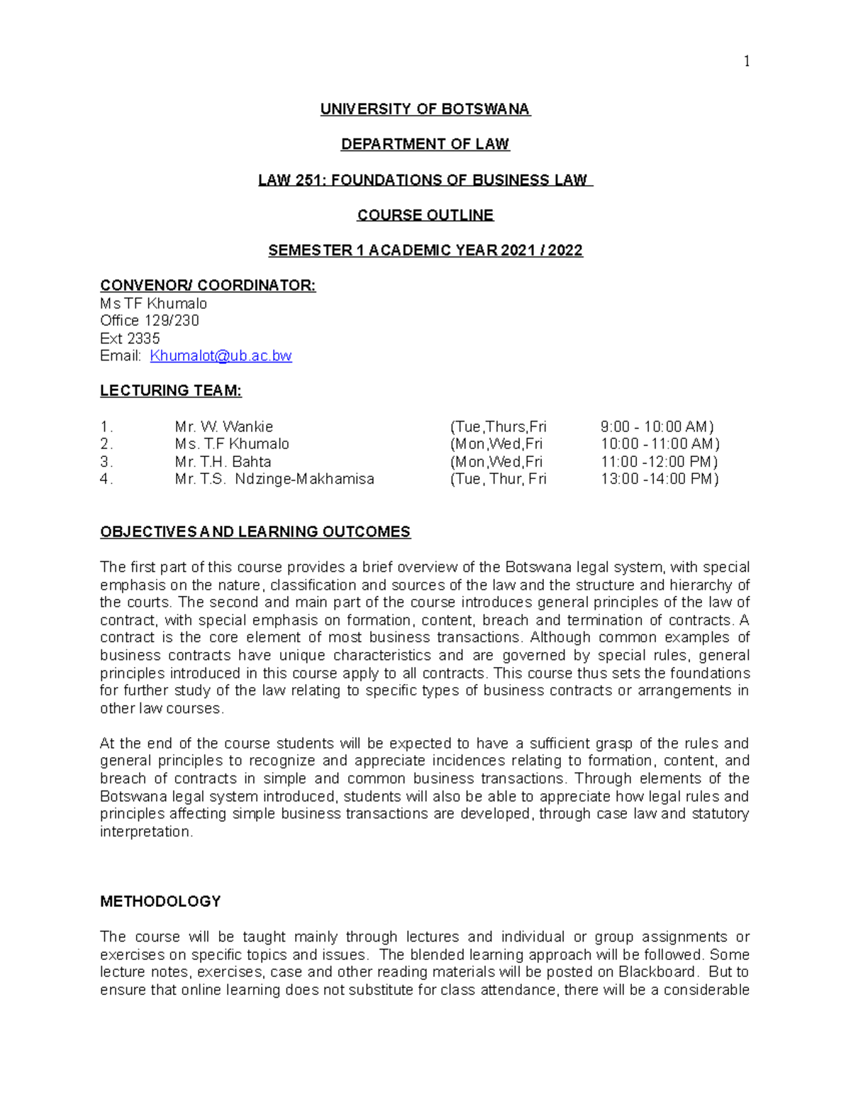 Law 251 course outline 2021 (business law) - UB - Studocu