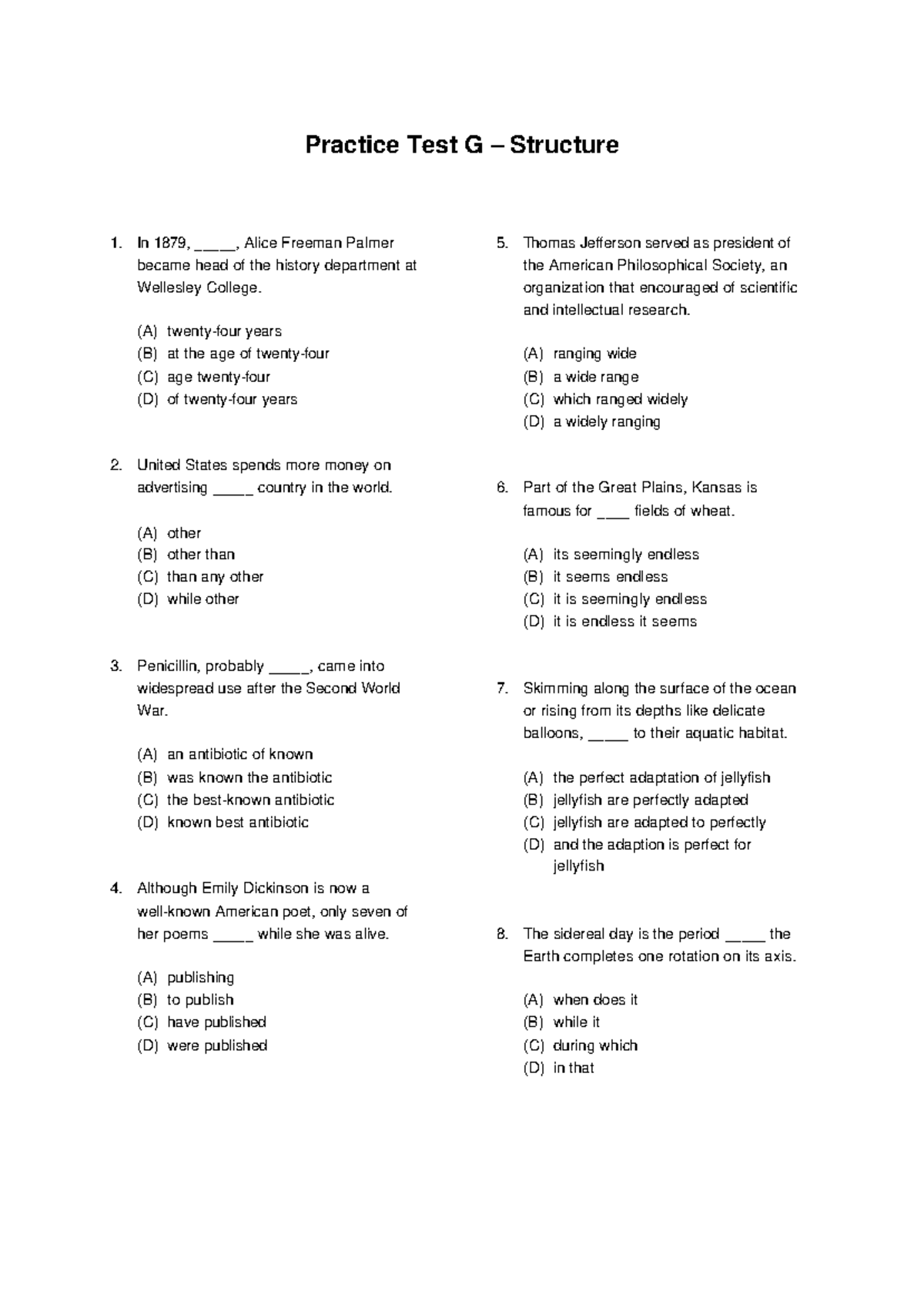TOEFL Structure 8 - Practice Test for Clarity and Understanding - Studocu