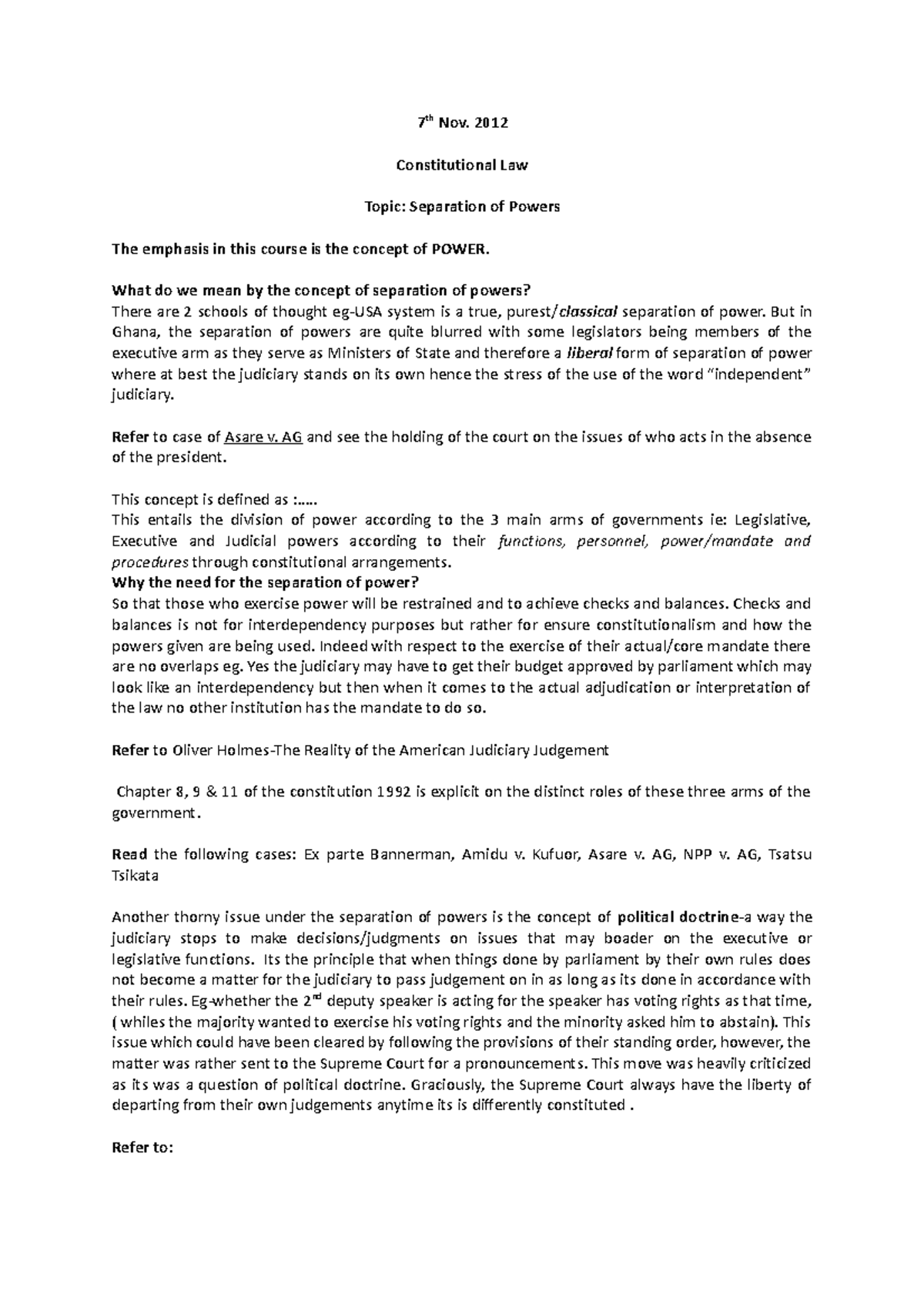 Constitutional Law Notes: Separation of Powers Overview - Studocu