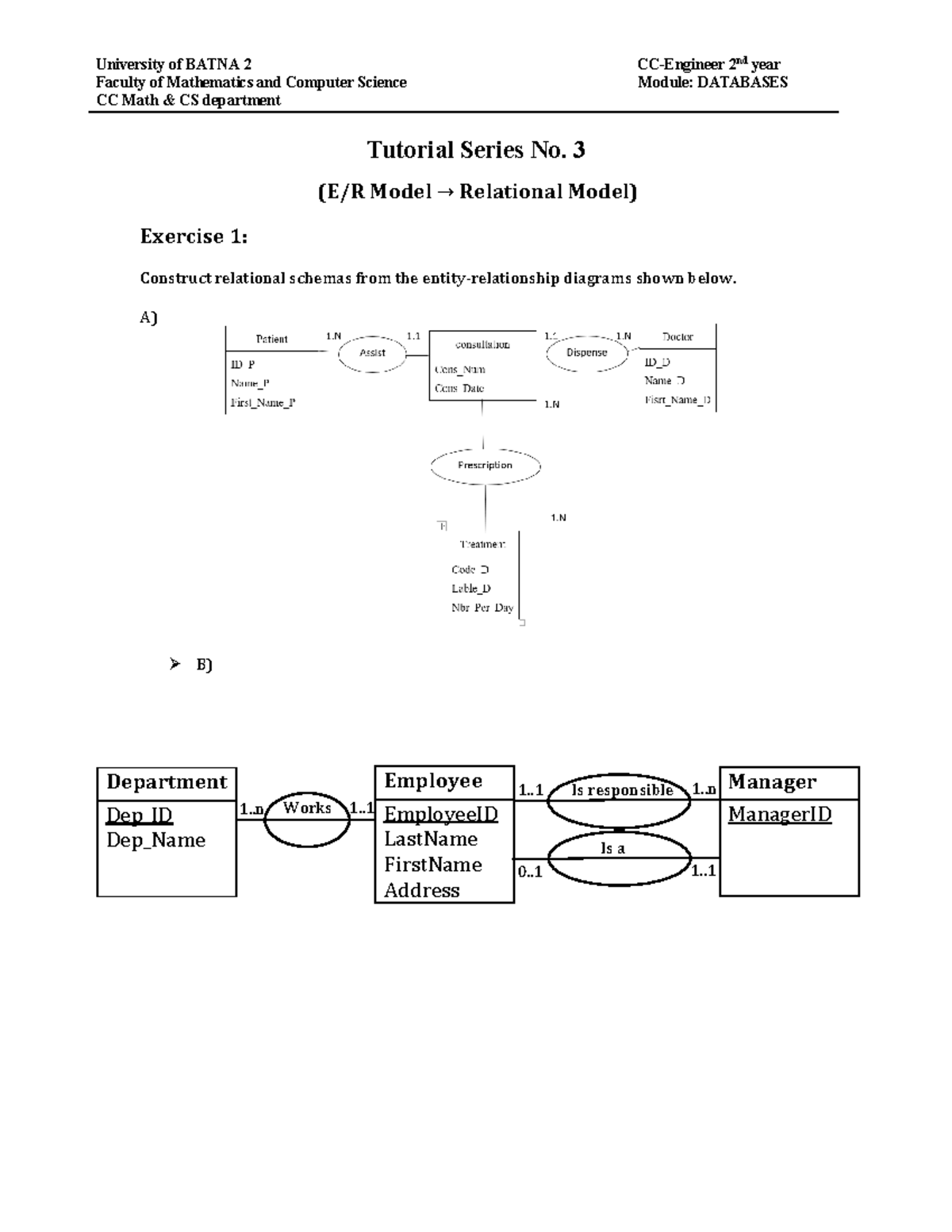 Tutorial Series 03: Relational Model Exercises for DB Course - Studocu