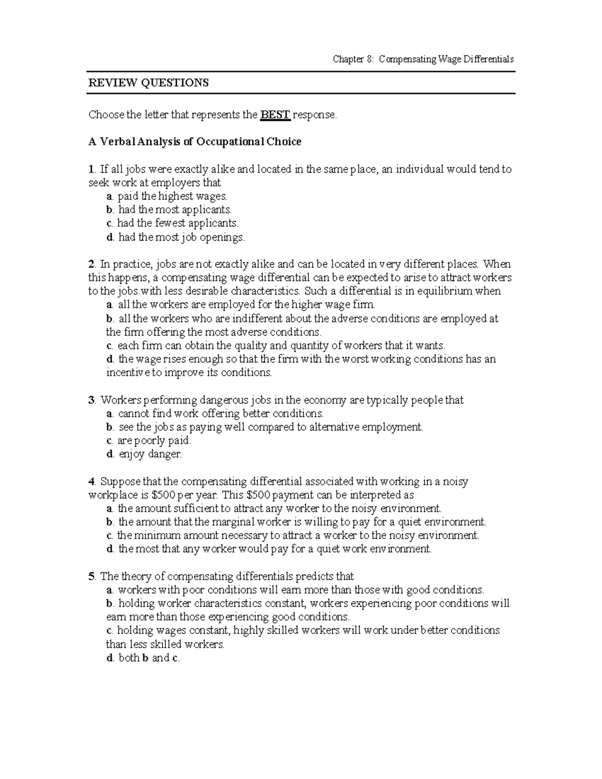 Chapter 8: Compensating Wage Differentials - Review Questions - Studocu