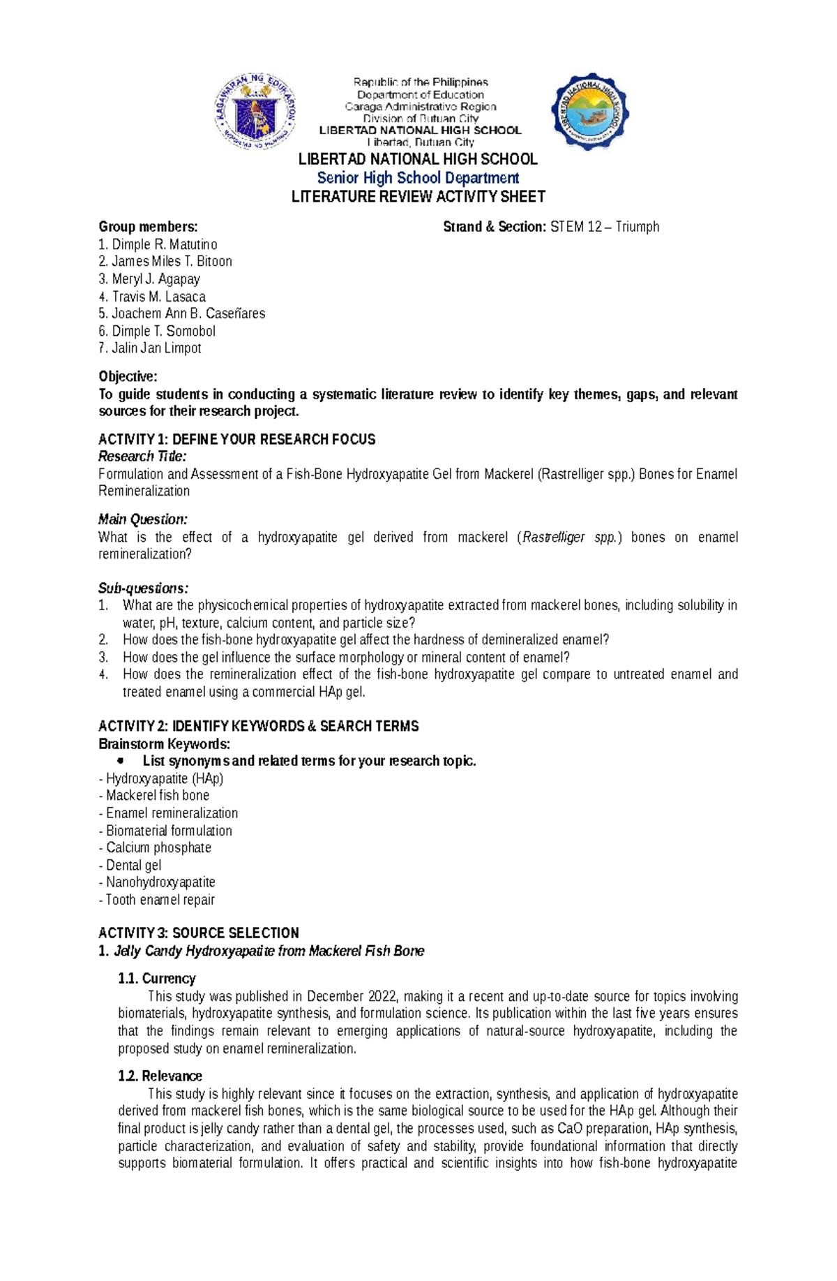 STEM 12 Triumph Literature Review on Hydroxyapatite Gel for Enamel ...