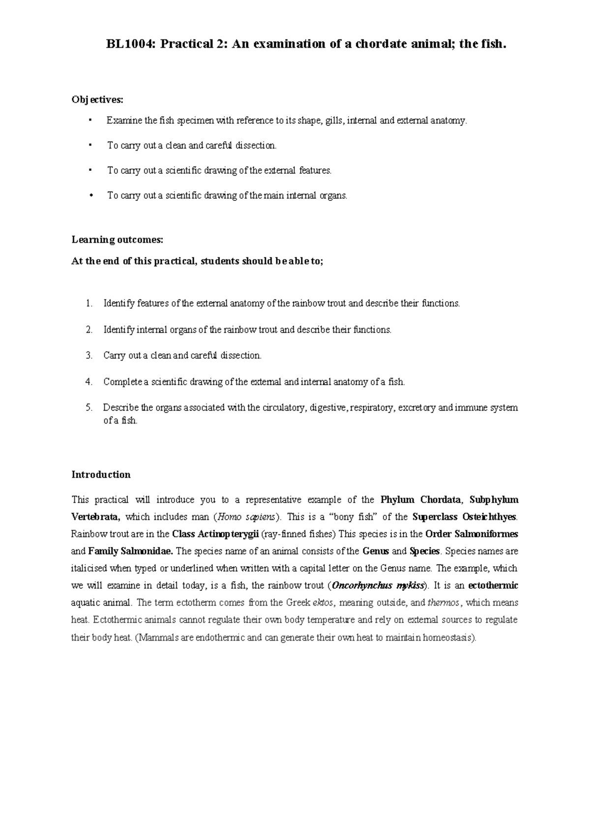 BL1004: Practical 2 - Fish Dissection and Anatomy Study Guide - Studocu