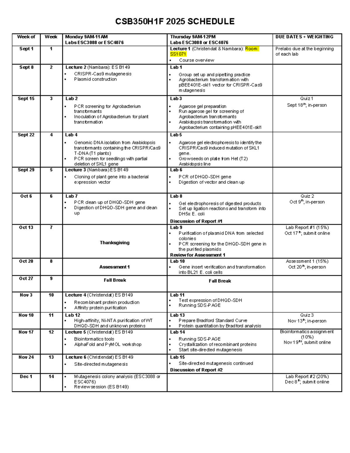 CSB350H1F 2025 Course Schedule: Weekly Lab & Lecture Overview - Studocu