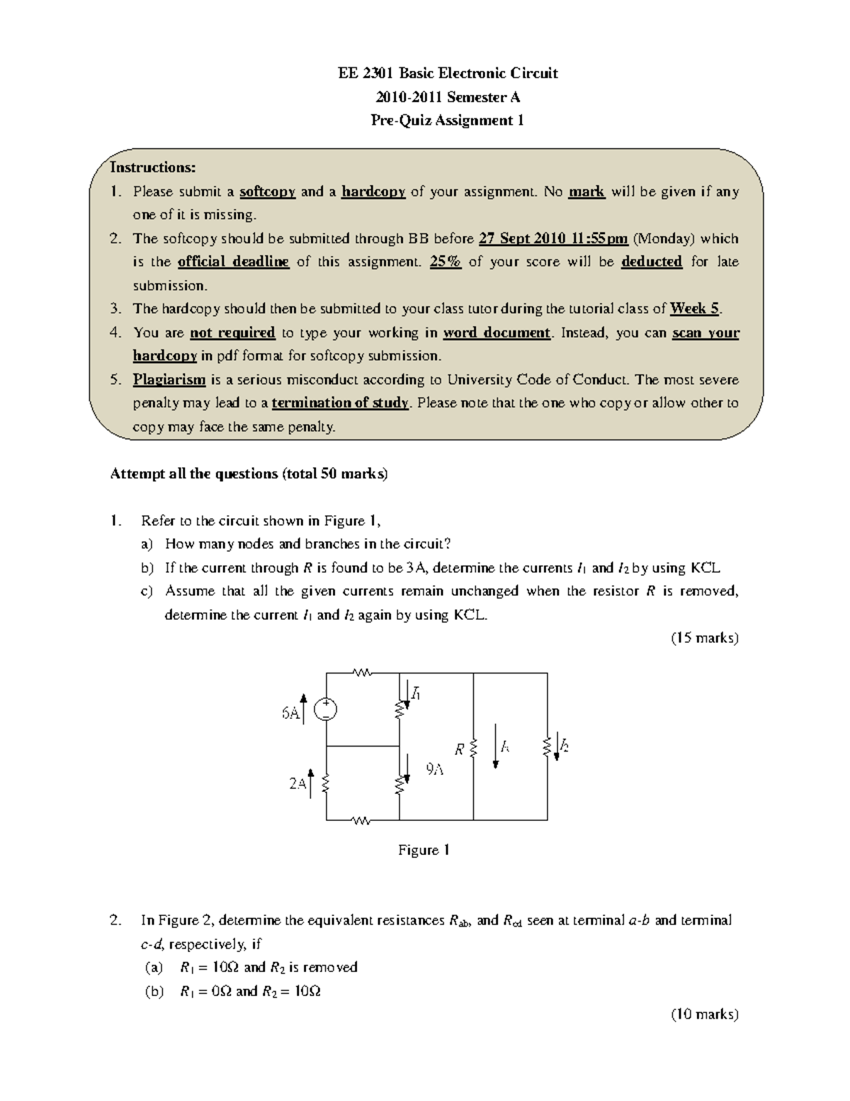 EE 2301 Pre-Quiz Assignment 1: Basic Electronic Circuits - Studocu