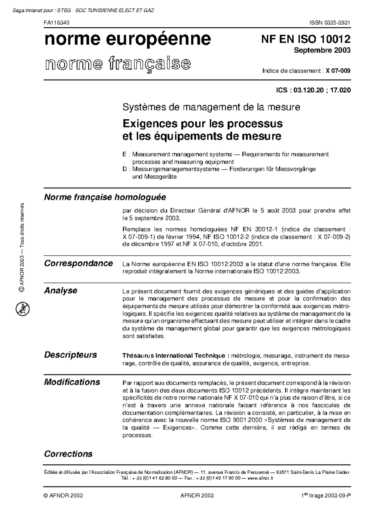 NF EN ISO 10012:2003 - Systèmes de Management de la Mesure - Studocu