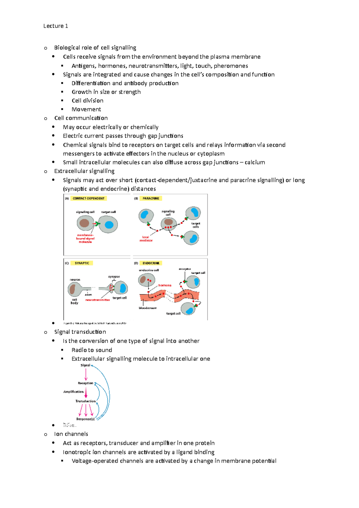 Lecture 1 - Lecture 1 o Biological role of cell signalling Cells ...