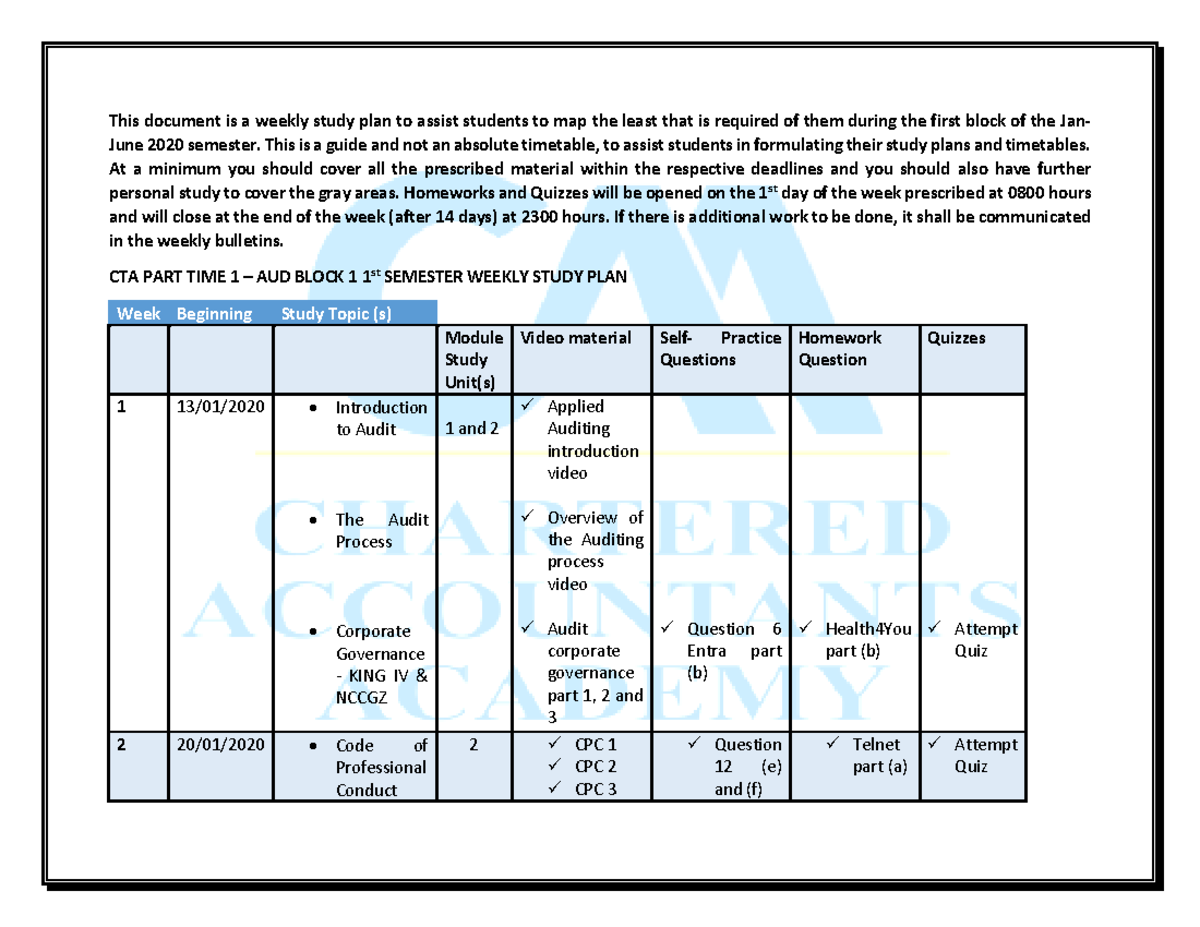 CTA L1 Weekly Study Plan for Jan-June 2020 Semester - Studocu
