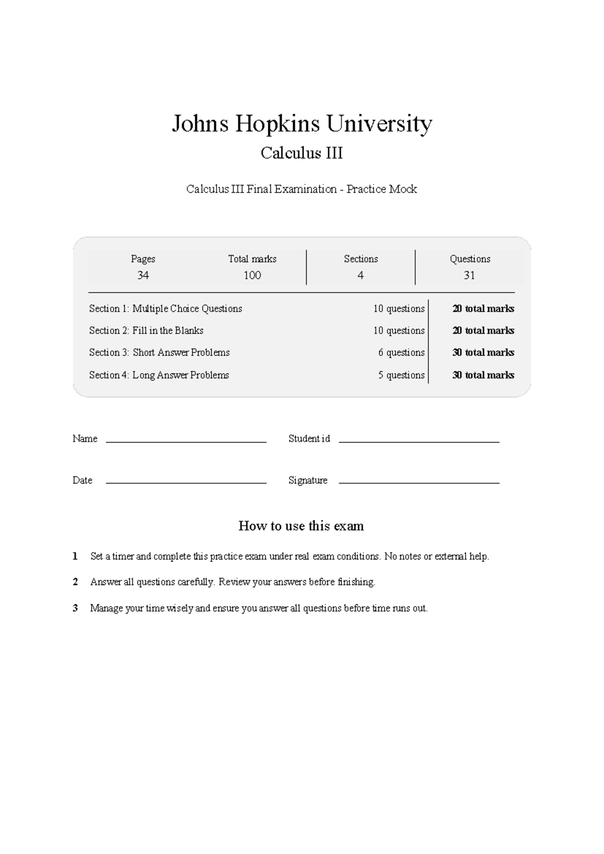 AS.110.202. Calculus III Final Exam Practice Mock Test 2026 - Studocu