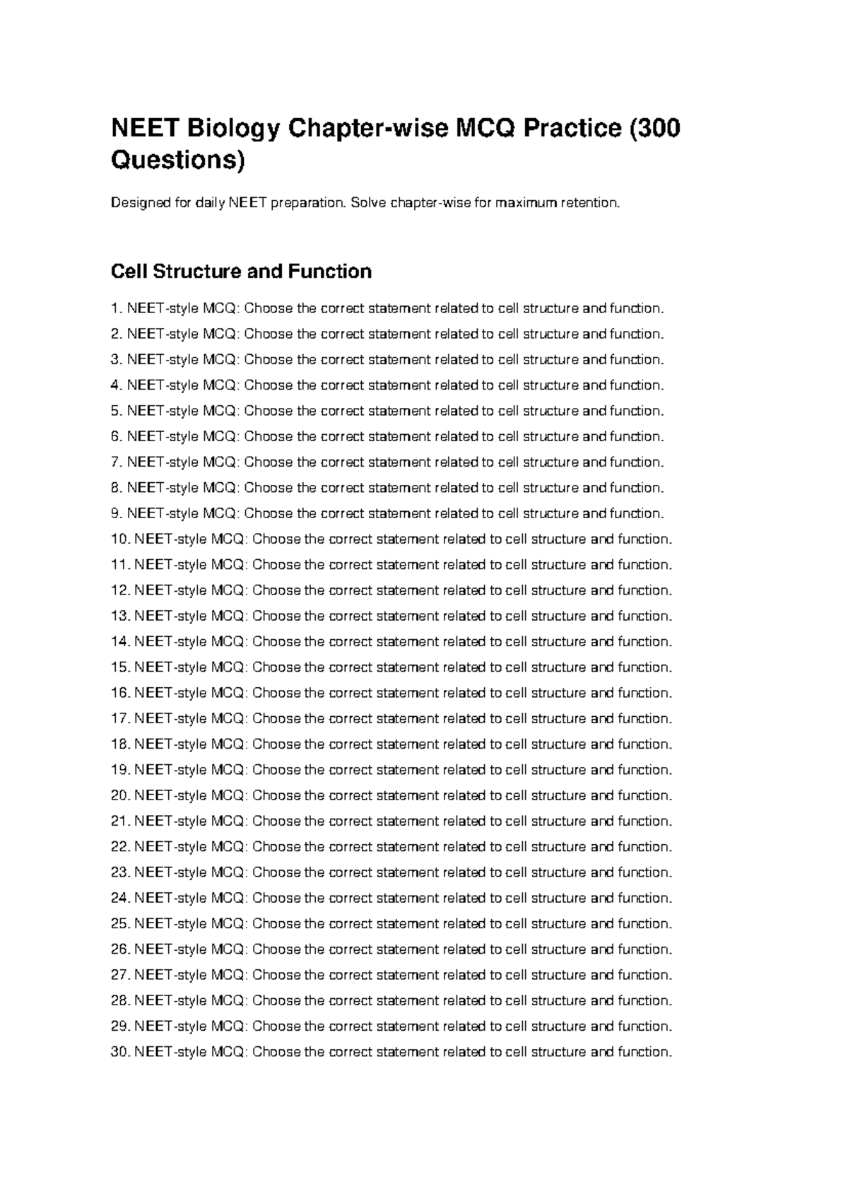 NEET Biology MCQ Practice (300 Questions) for Effective Prep - Studocu