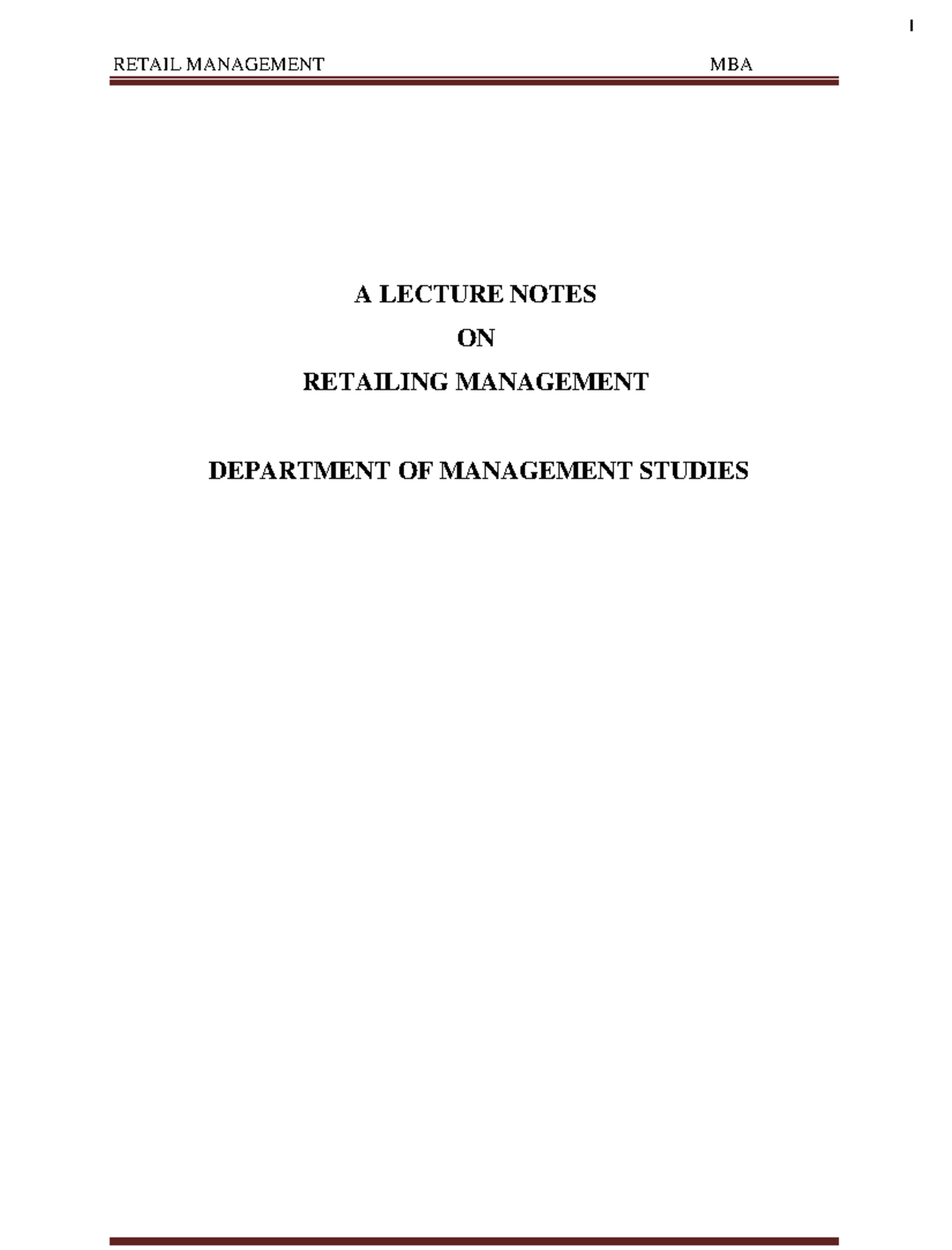 MBA Retail Management Lecture Notes: Key Insights & Strategies - Studocu