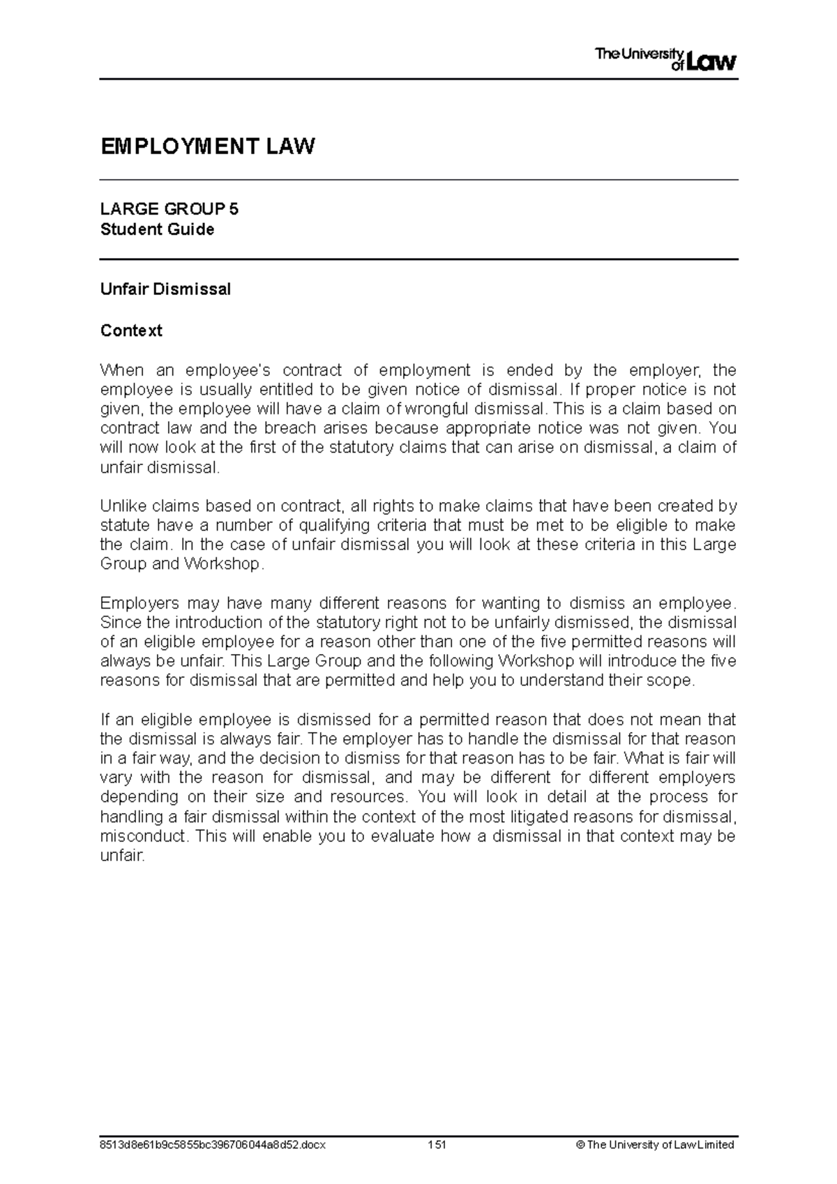Employment Law: Unfair Dismissal - LG 5A Student Guide - Studocu