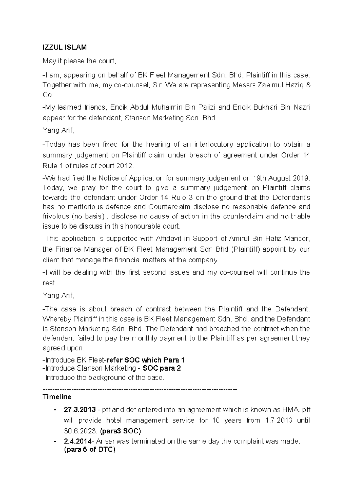 IZZUL ISLAM: Plaintiff's Interlocutory Application for Summary Judgment ...