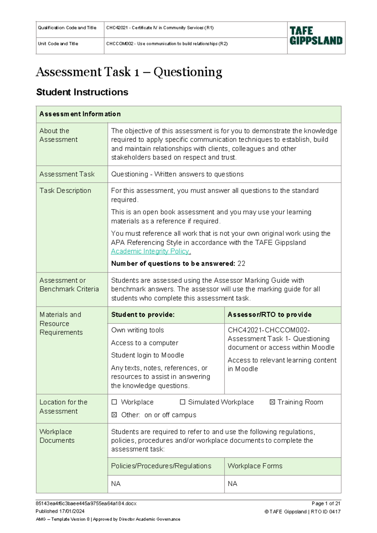 CHC42021 CHCCOM002 AT1 Assessment Task 1 - Communication Strategies ...