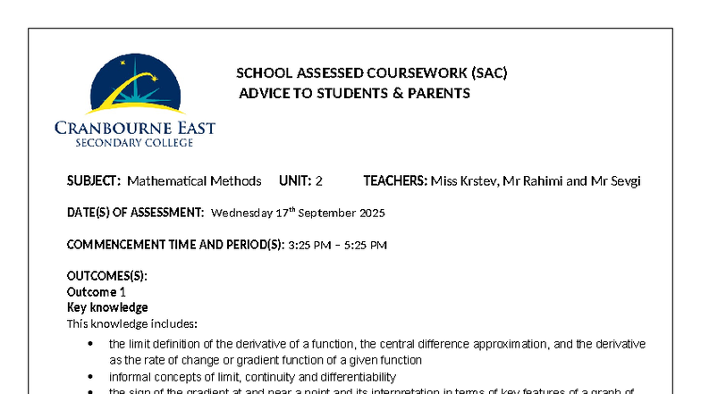 2025 Mathematical Methods - Calculus SAC: Advice for Parents & Students ...