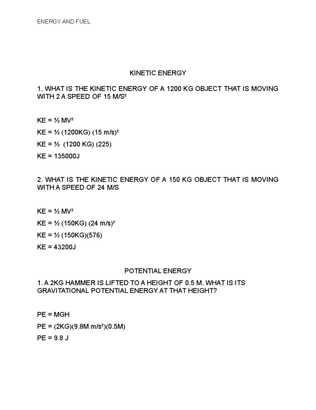 Kinetic and Potential Energy Calculations - Physics 101 - Studocu