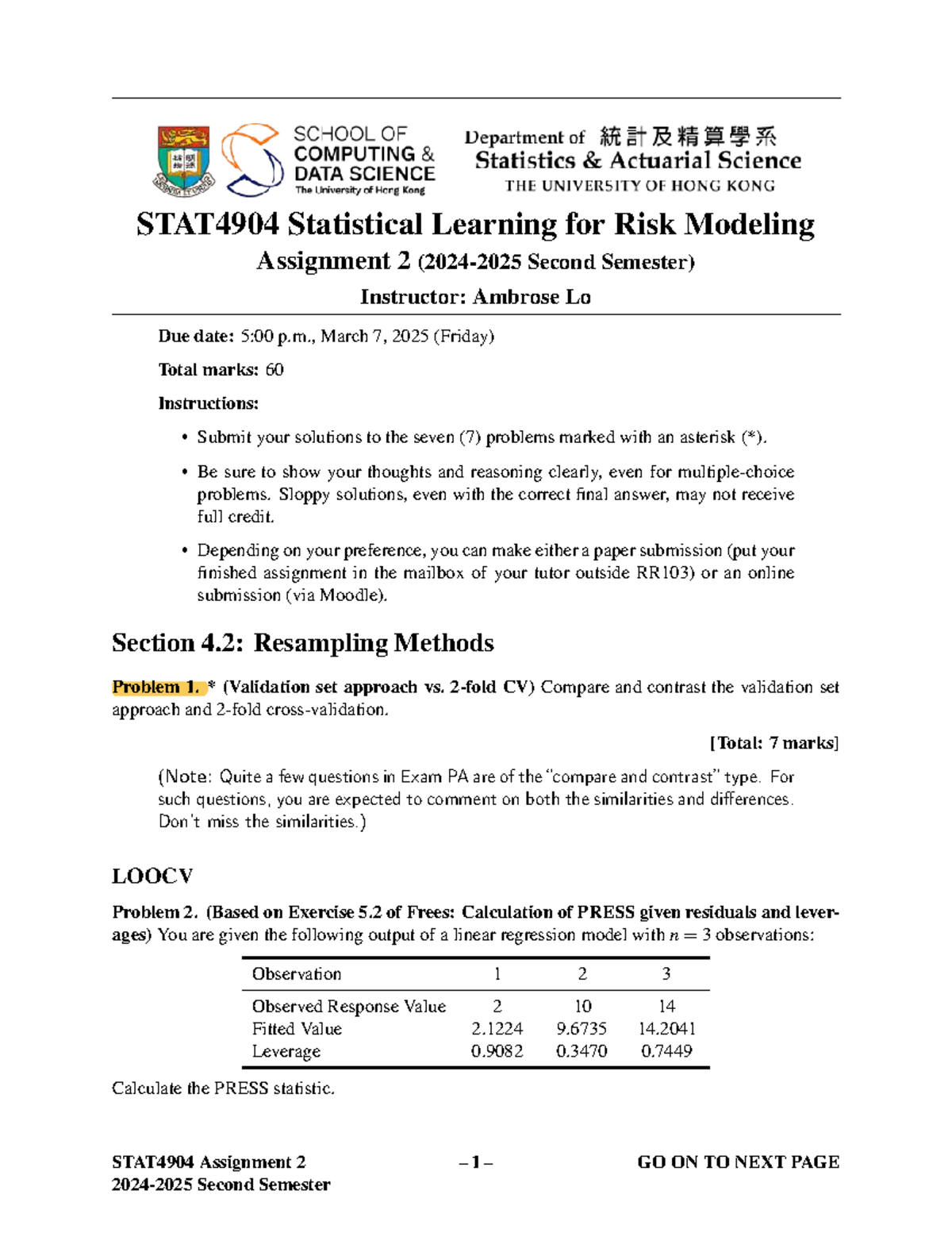 STAT4904 Statistical Learning for Risk Modeling Assignment 2 - Studocu