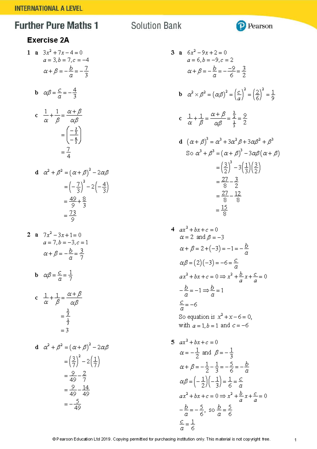 FP1 Chapter 2: Roots of Quadratic Functions Exercise 2A Solutions - Studocu