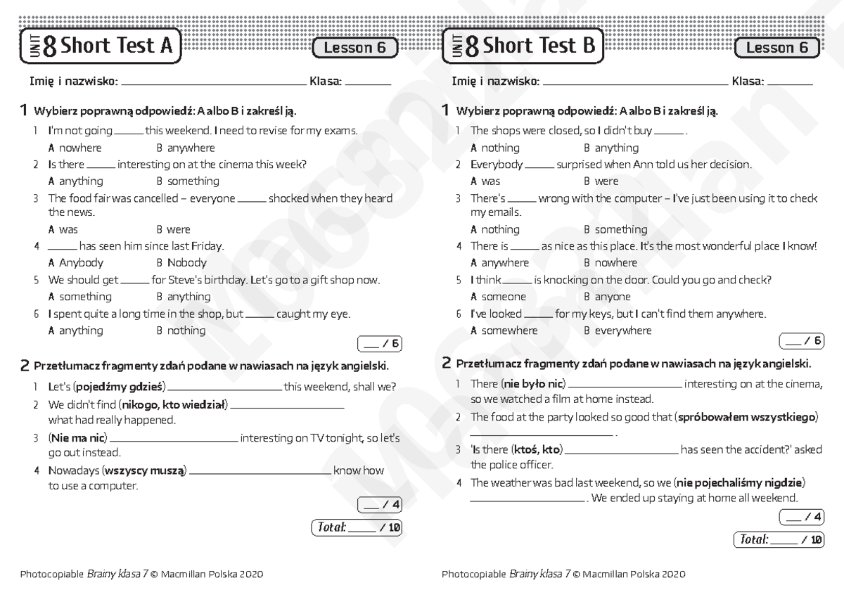 Mini Matura Unit 3 Focus 3 Odpowiedzi - Brainy KL 6 Unit 8 Lesson 6 Short Test & Translations - Studocu