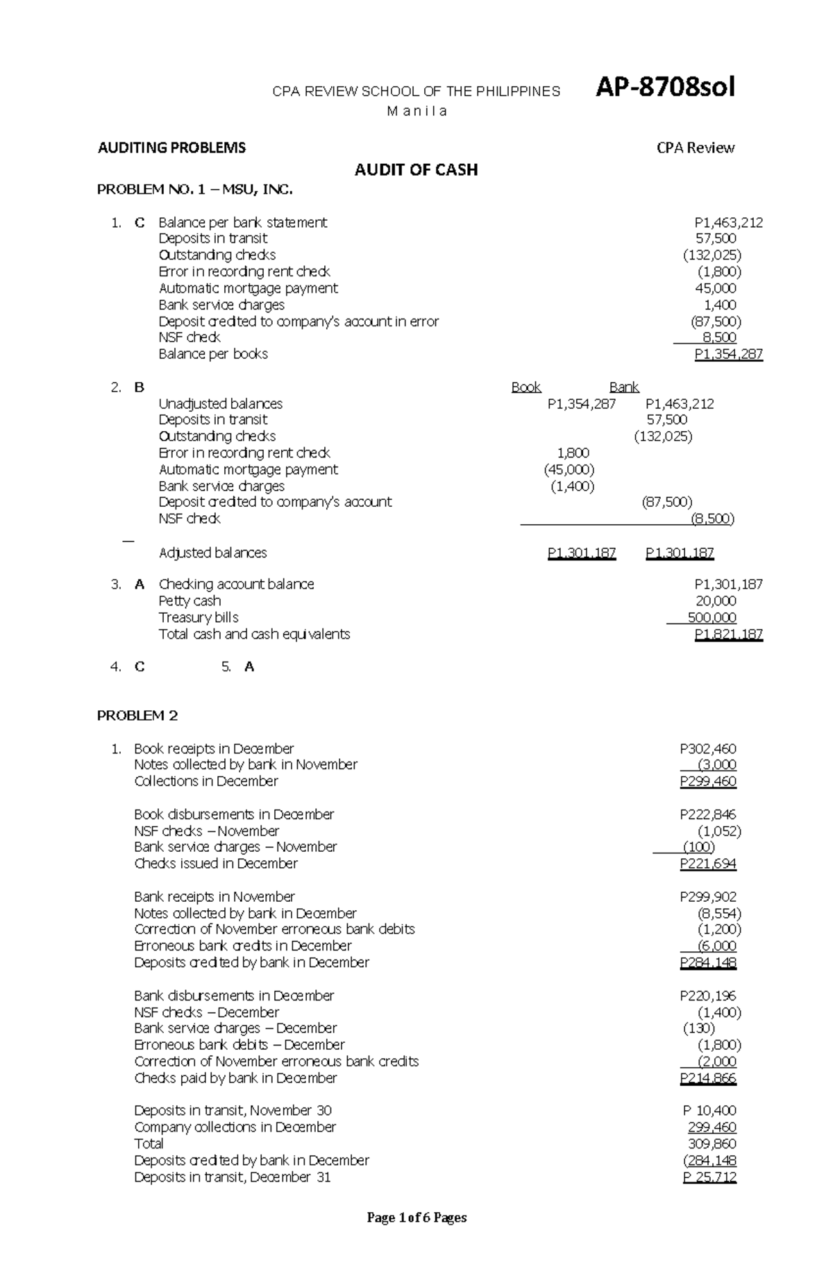 AP8708 AUDIT OF CASH: Comprehensive Solutions and Problems - Studocu
