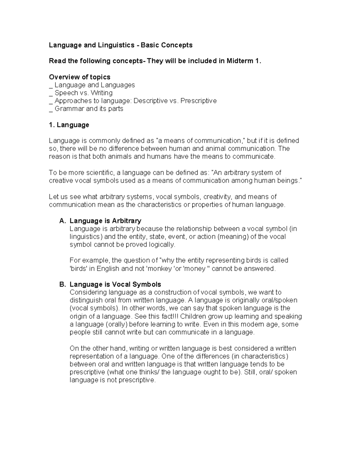Language and Linguistics: Key Concepts for Midterm 1 (Course 01) - Studocu