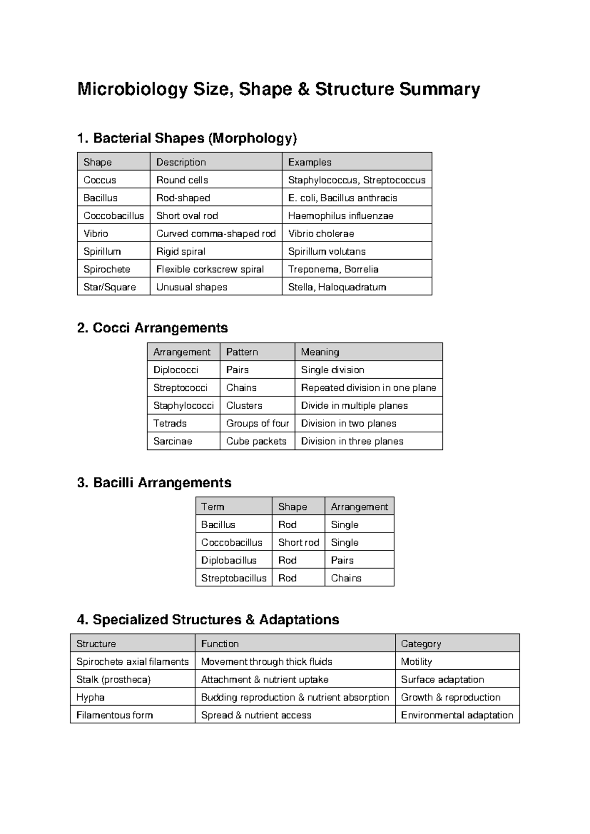 Microbiology Summary Notes: Bacterial Shapes & Structures - Studocu