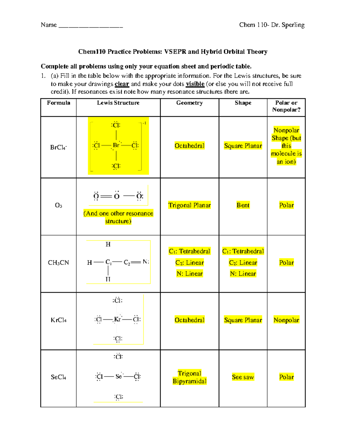 Chem110 Practice Problems: VSEPR & Hybrid Orbital Theory Review - Studocu