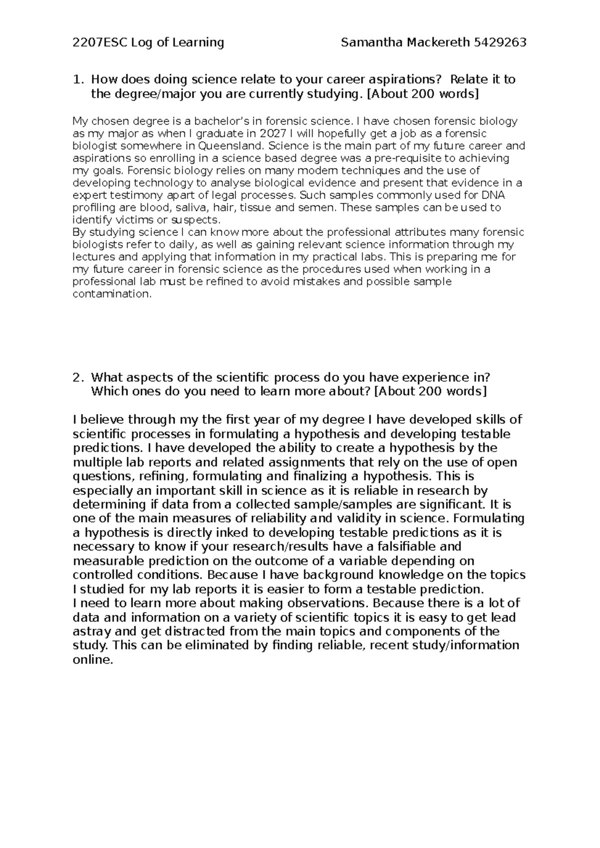 2207ESC Log of Learning: Forensic Science Insights by Samantha ...