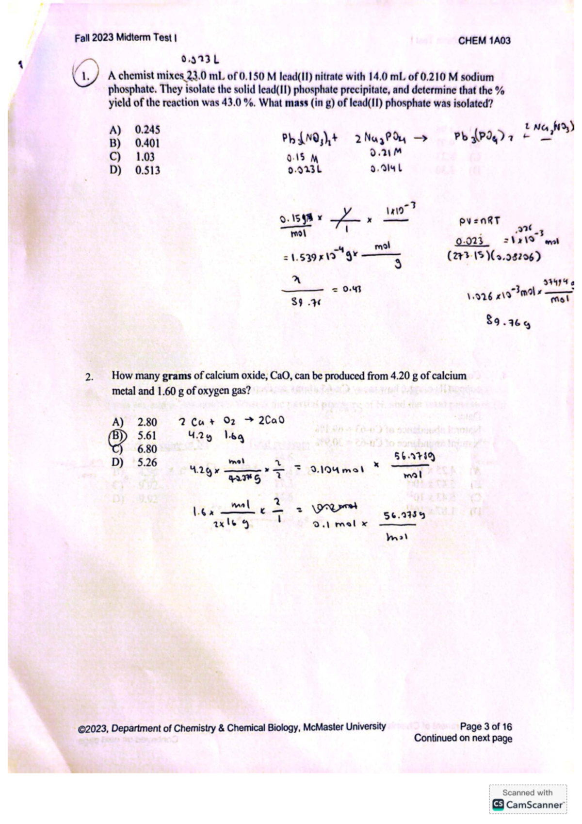 Fall 2023 Midterm Test I Solutions and Key CHEM 1A03 - Studocu